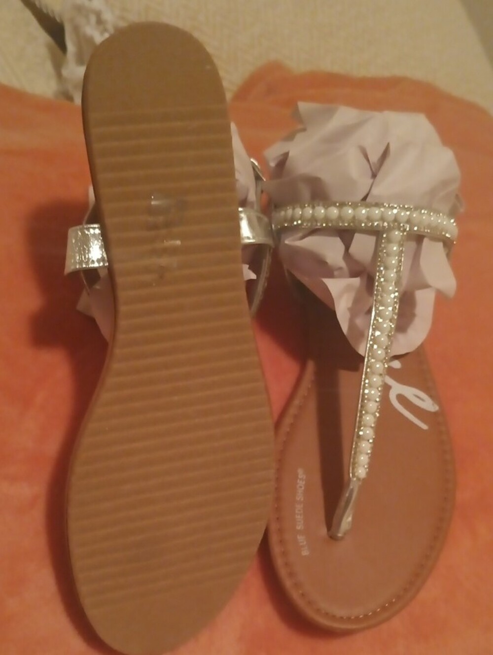 Pearl-Trim T-Strap Sandals - White & Tan - Picture 2 of 3
